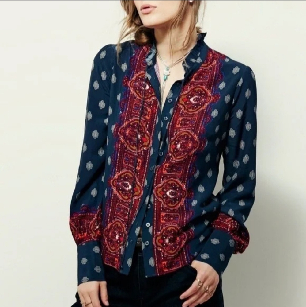 Free People Wishing Well Blue and Red Ruffled Blouse with Mandarin Collar - EUC